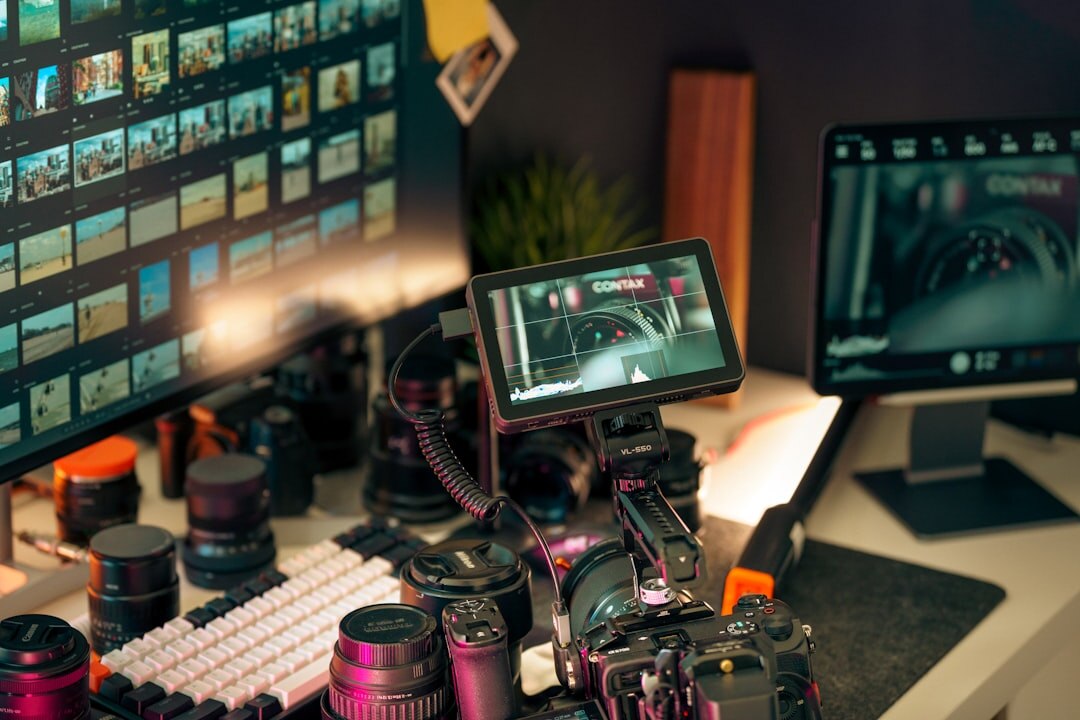 Person working at a video editing workstation